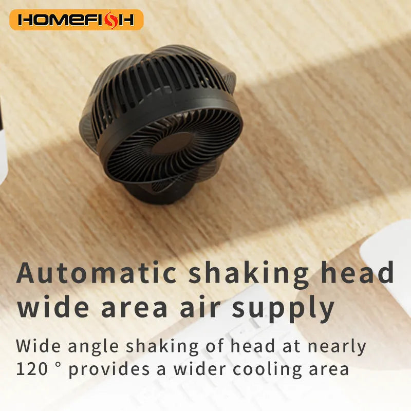 HOMEFISH F2 automatic shake head fan with clip, bracket, LED light, and removable front mesh.