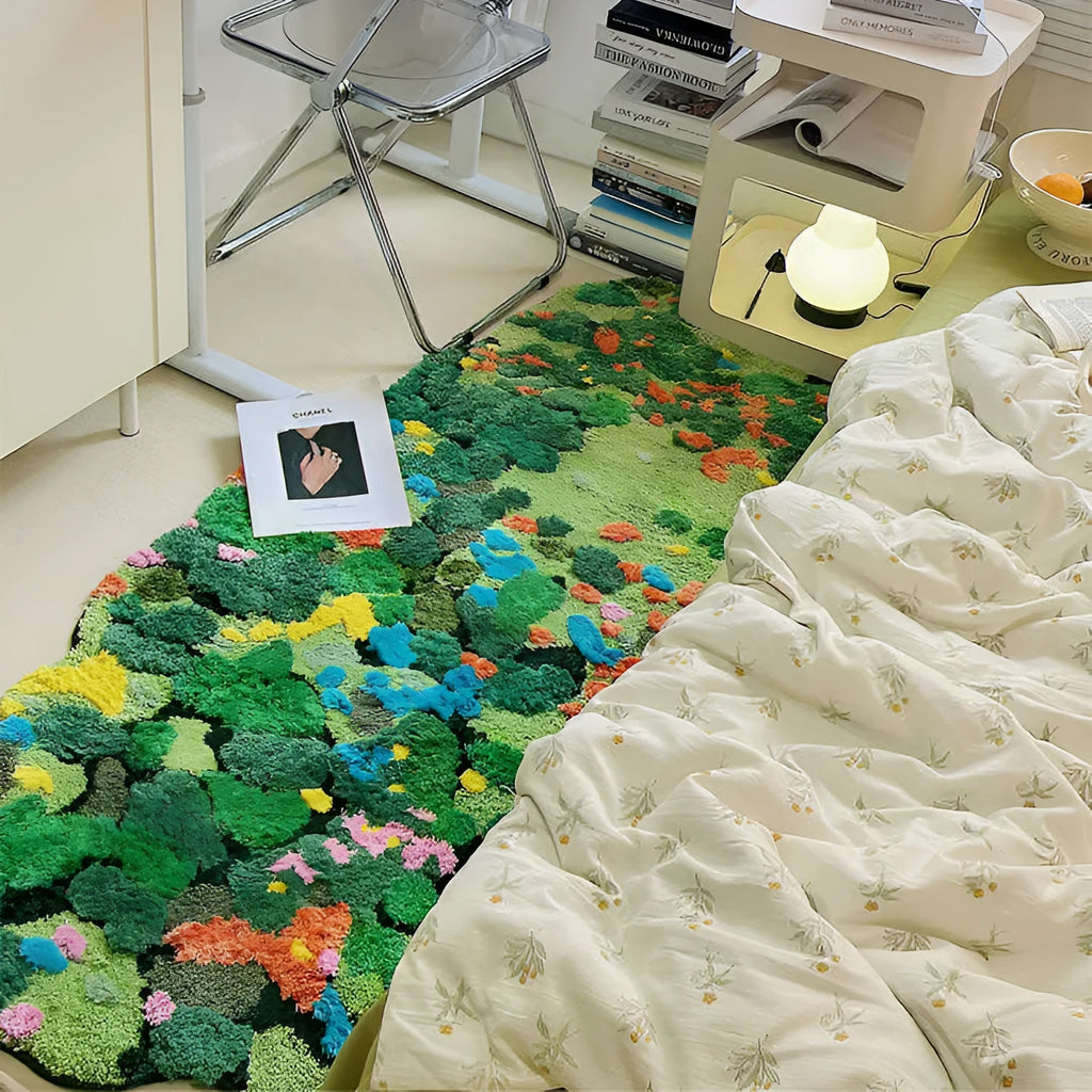 Machine-woven polyester bedroom floor mat with circle pattern in New Green Field colour, 80x120cm size