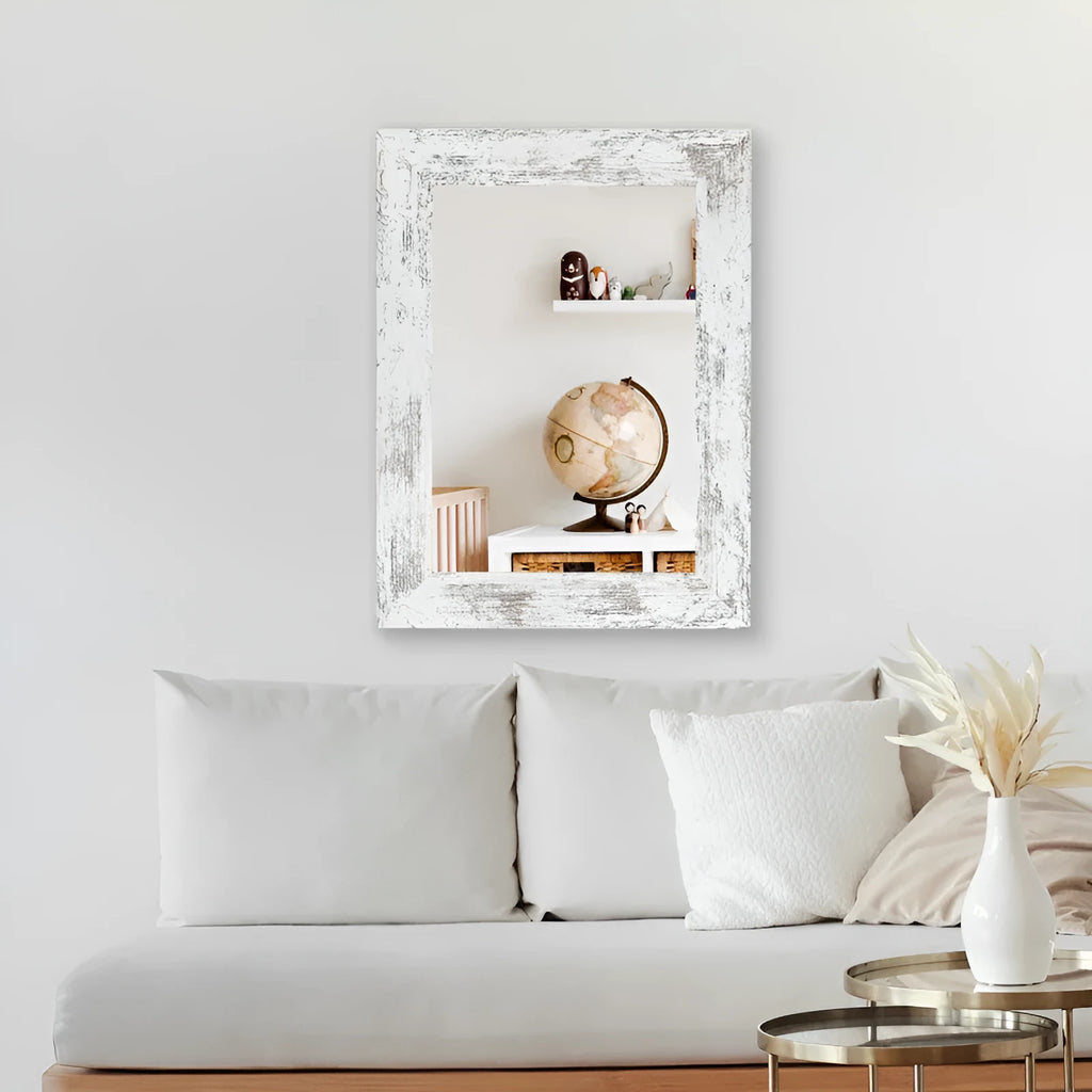 Wall-mounted retro Chinese style dressing mirror in little white colour, shown in bathroom setting