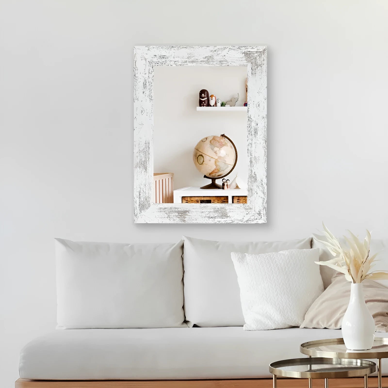 Wall-mounted retro Chinese style dressing mirror in little white colour, shown in bathroom setting
