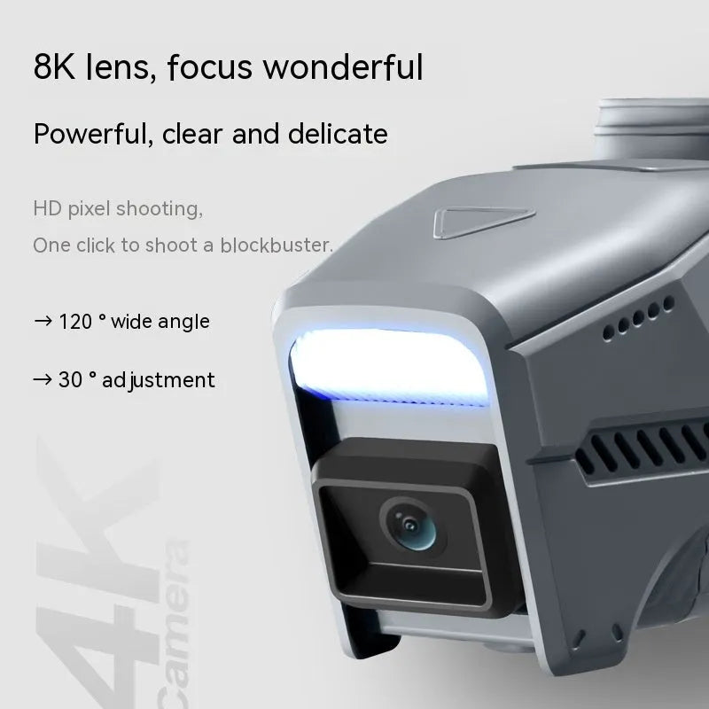 Silver remote control drone with 8K dual camera, optical flow stability, follow mode and stunt flight, under 30cm