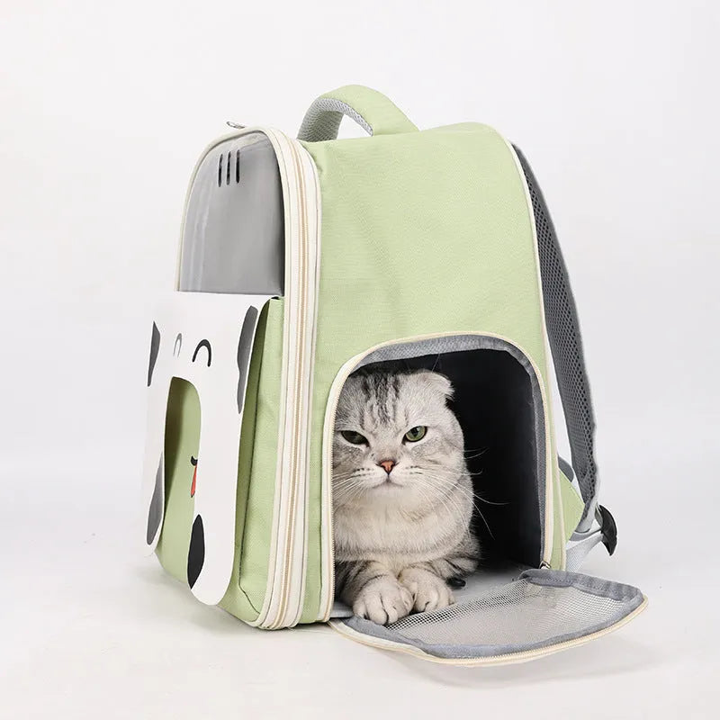 Large capacity portable pet bag for outdoor travel in beige with animal pattern, made from PU PVC