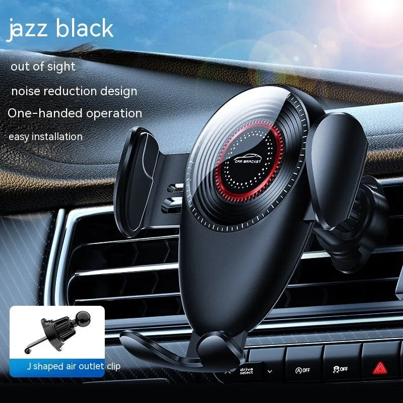 Black universal car phone bracket with mechanical support frame for dashboard or air vent mounting