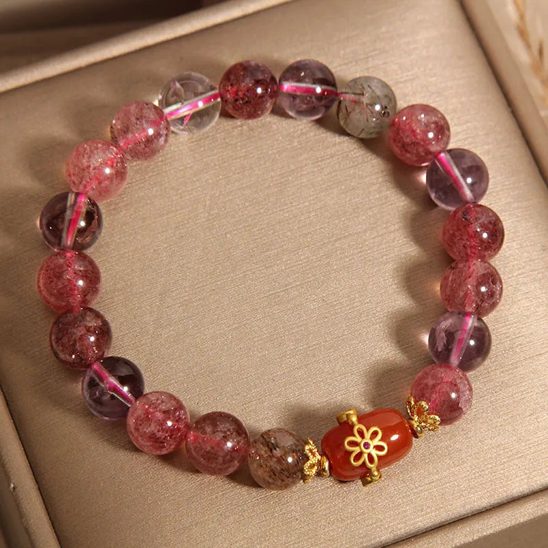 Natural Super Seven Crystal bracelet for women showing White Crystal and Red Agate in a cartoon style.