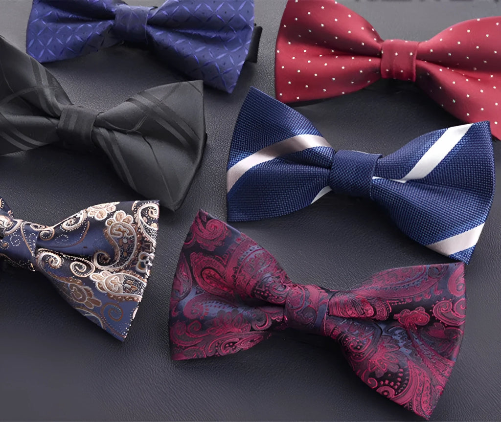 Men's printed polyester flat head bow tie in black stripe, dark blue dot, or light blue stripe for wedding and formal wear