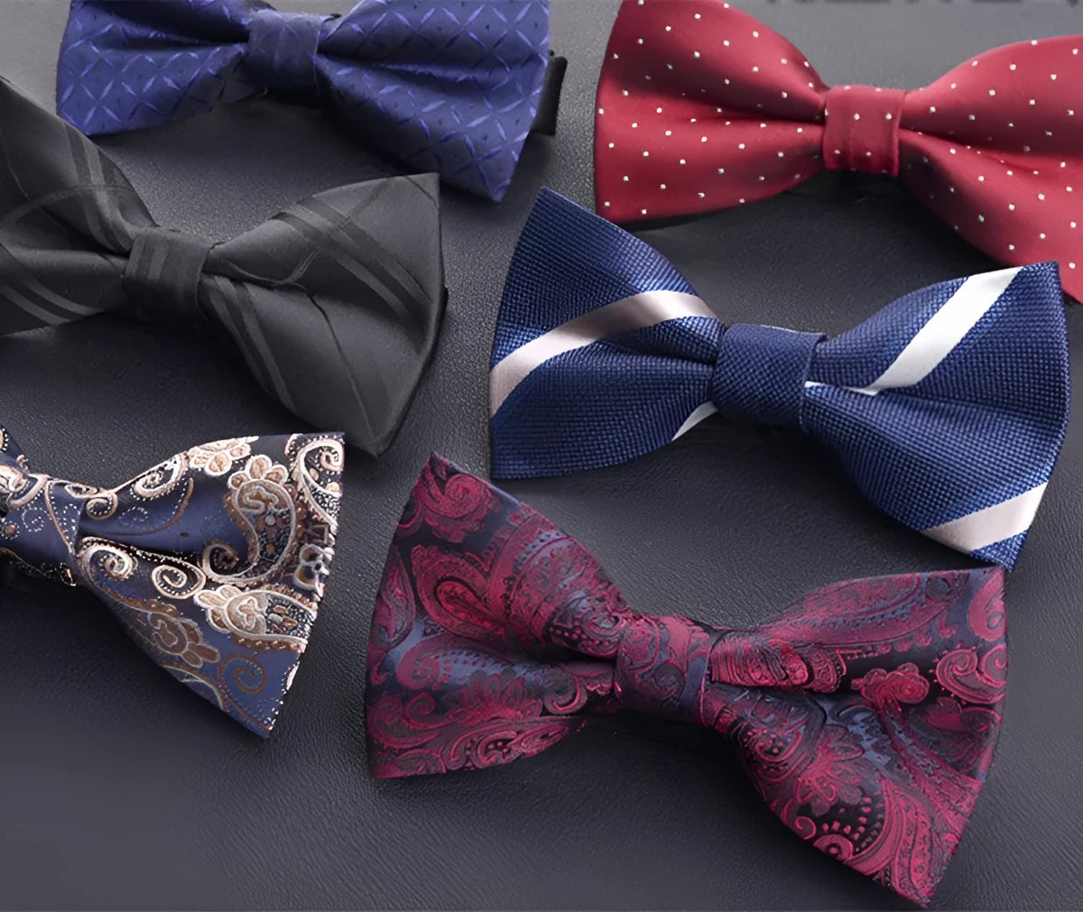 Men's printed polyester flat head bow tie in black stripe, dark blue dot, or light blue stripe for wedding and formal wear