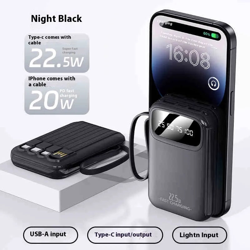 Moon White portable power bank 20000mAh 22.5W with screen and built-in cable on table