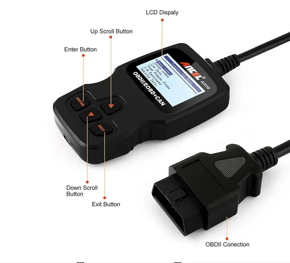 Black universal OBD2 car diagnostic scanner with LCD display for engine fault detection