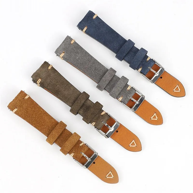 Genuine suede leather watch strap in small waist design showing colour options: brown, blue, grey, army green.