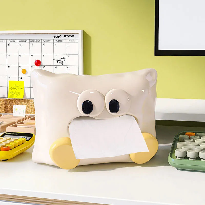 White ceramic tissue box holder with glazed finish for living room coffee table storage