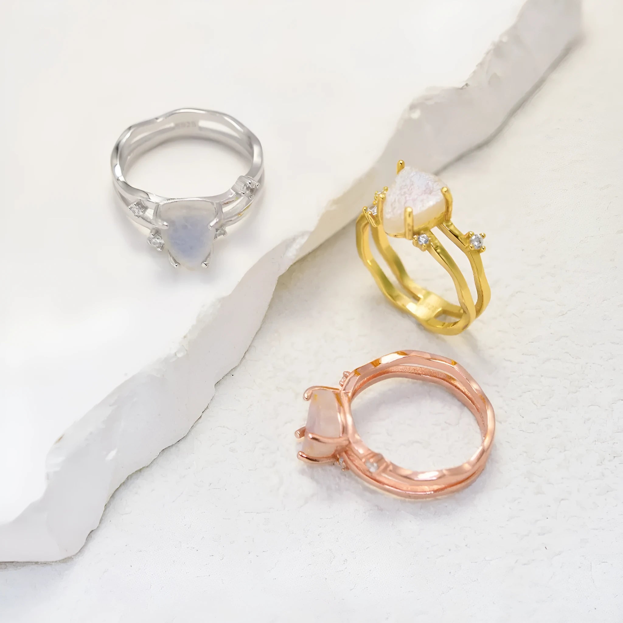 S925 silver geometric triangle moonstone ring in rose gold, white gold, or yellow gold colour finish