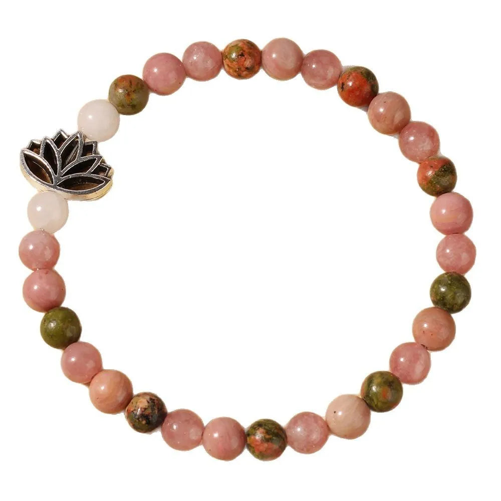 Rhodonite crystal natural stone bead bracelet with seven pulse lotus design in French retro style, colour L1381