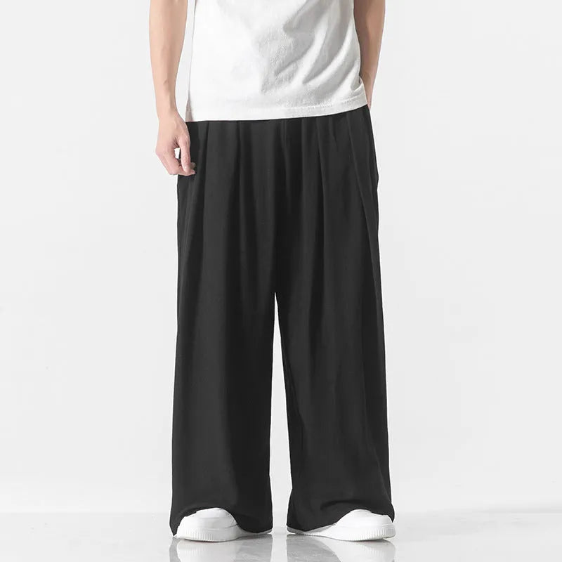 Men's straight-leg linen trousers in beige with drawstring waist, available in Asian sizes M to 5XL