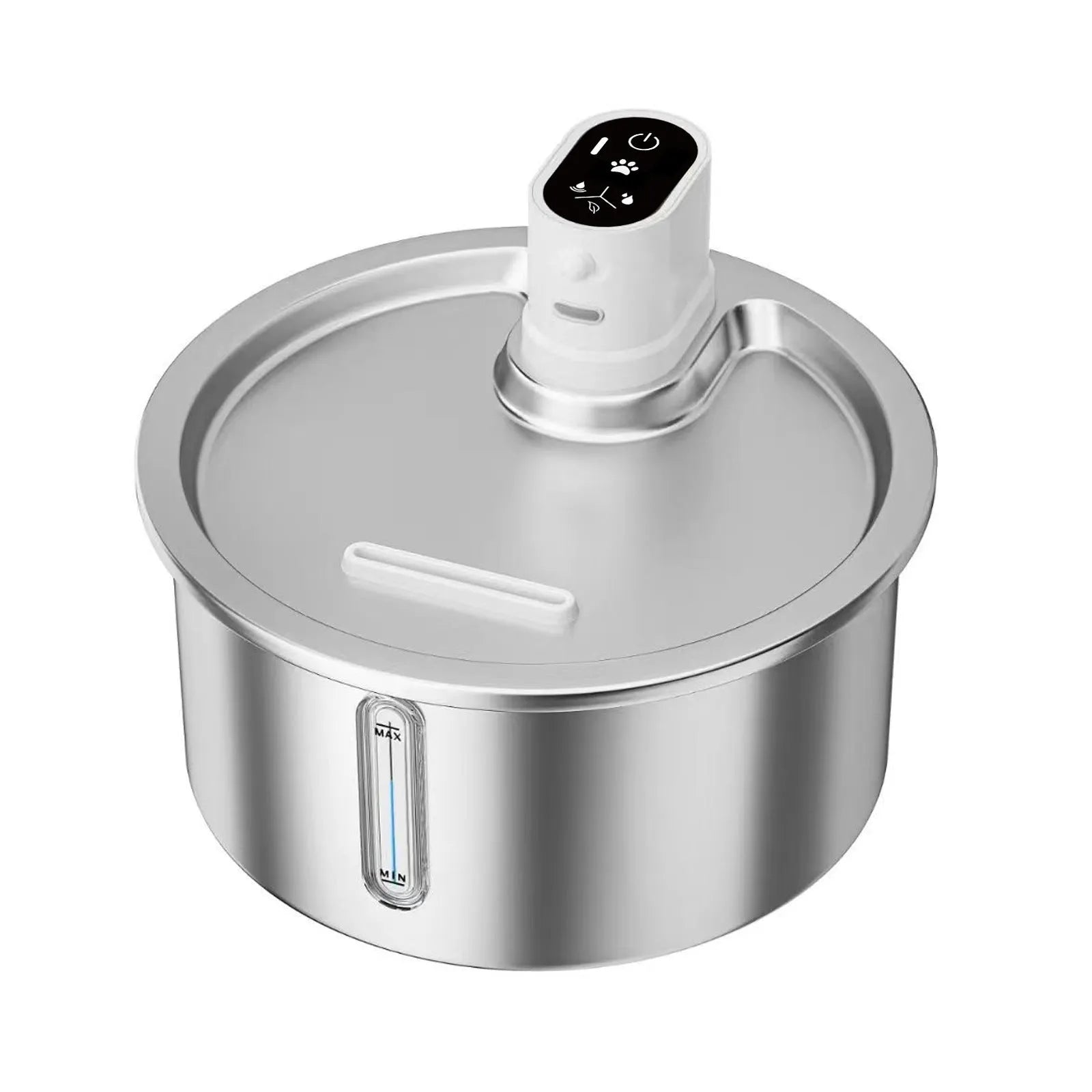White stainless steel heated pet water fountain on a table with charging cable.