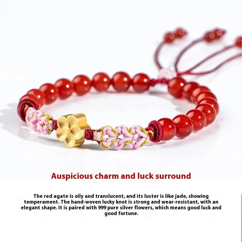 Chinese style red rope bracelet with crystal peach blossom diamond charm in pink or red agate