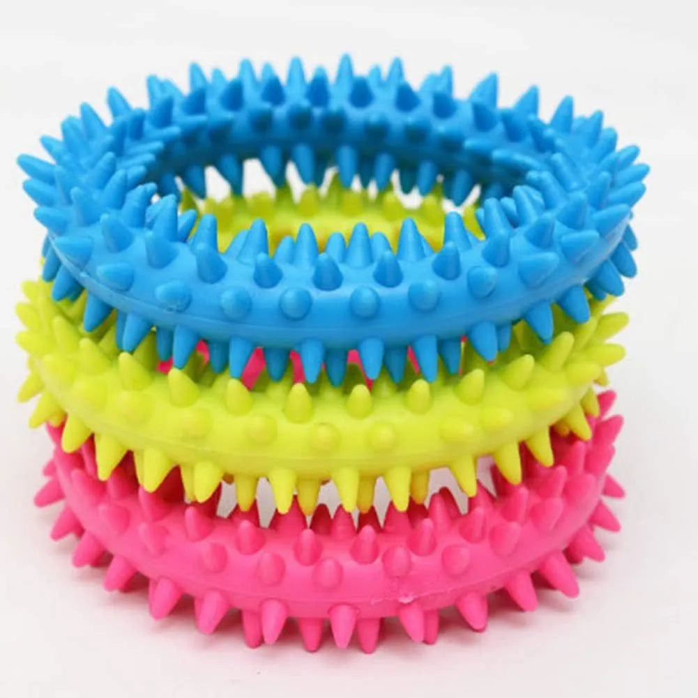 Blue TPR spiky circle ring dog chew toy for dental health and bite training.