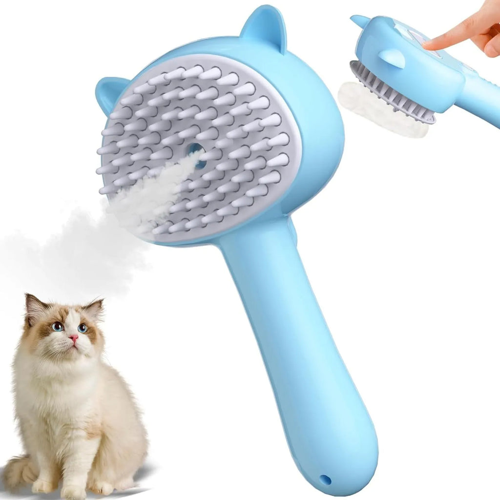 Blue pink yellow cat steam brush with ergonomic handle and rubber bristles for pet grooming
