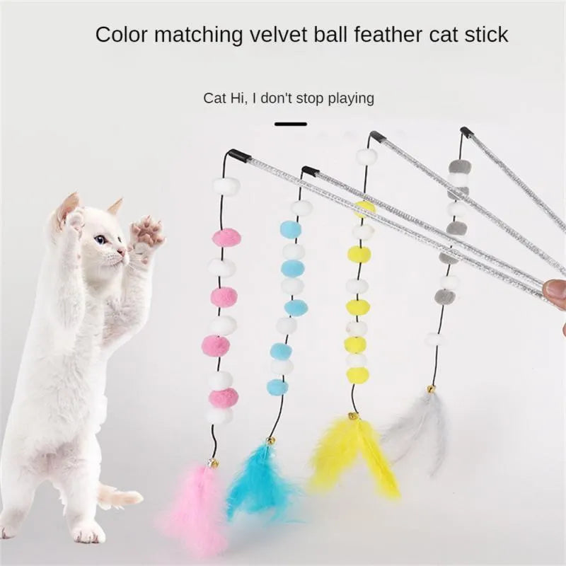 31cm cat teaser rod with bell and coloured pompon feather toys for interactive play