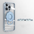 Transparent magnetic iPhone case with a silver pull-out bracket extended, showing dark purple iPhone inside.