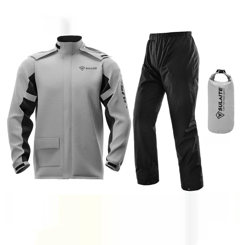 Adult motorcycle raincoat and rain pants set in black, with hidden shoe covers and storage bag.