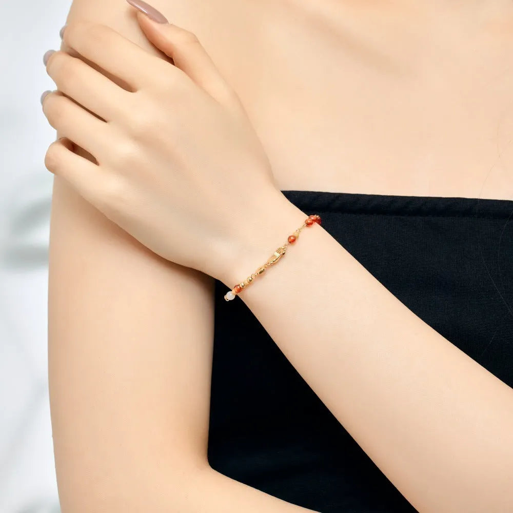 Gold electroplated 925 silver bracelet with round chalcedony geometric design for women