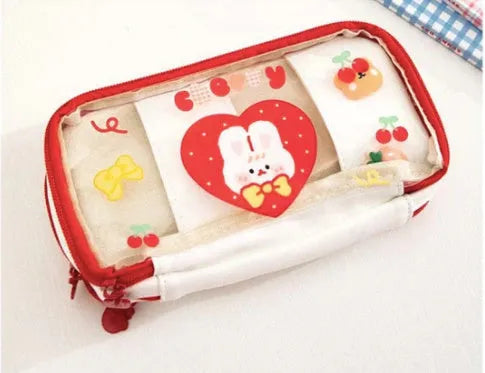 Transparent heart pattern pen bag in pink or red Korean style design