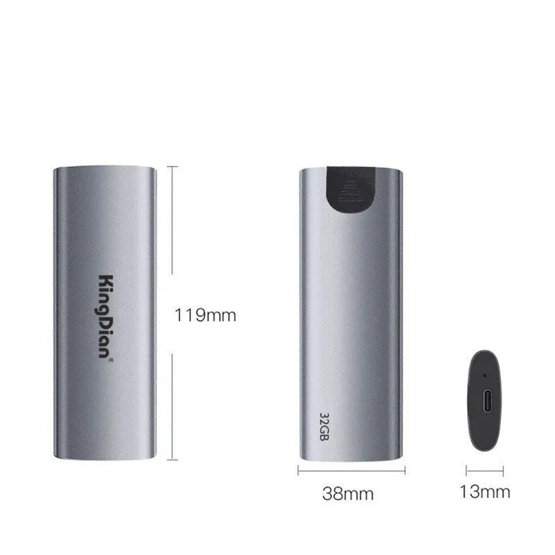 Grey portable SSD with USB3.0 interface for direct mobile phone connection, 119mm x 38mm x 13mm dimensions