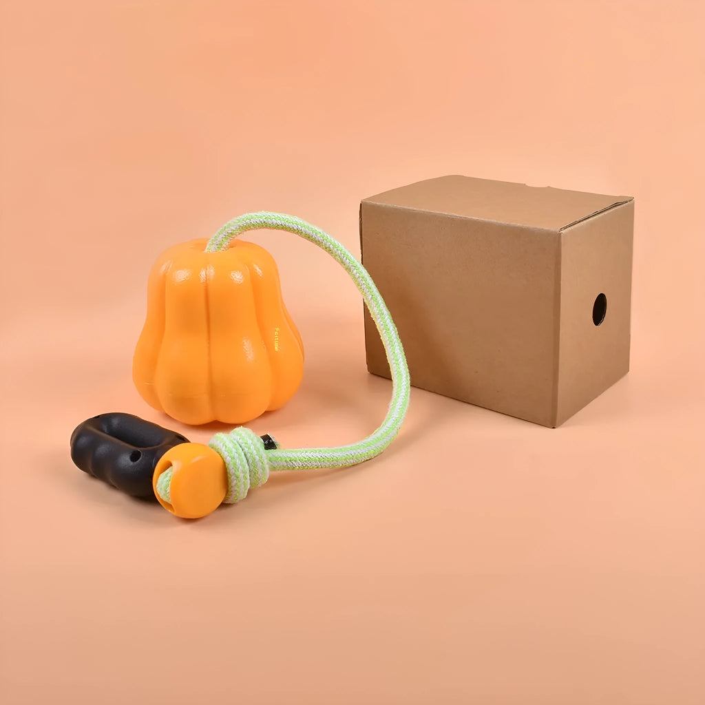 Orange plastic Bite Molar dog toy with an attached brown rope handle on a grassy background.