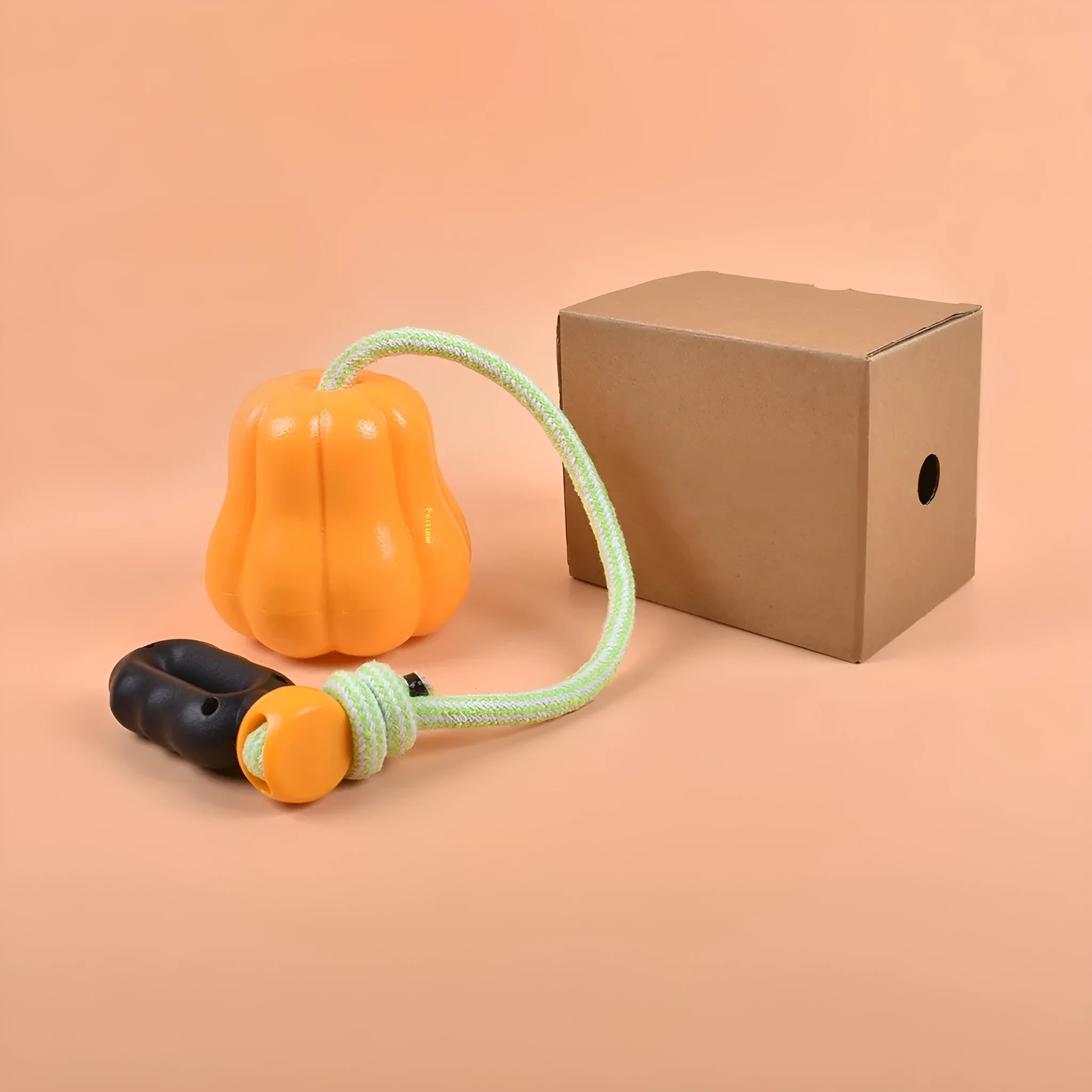 Orange plastic Bite Molar dog toy with an attached brown rope handle on a grassy background.