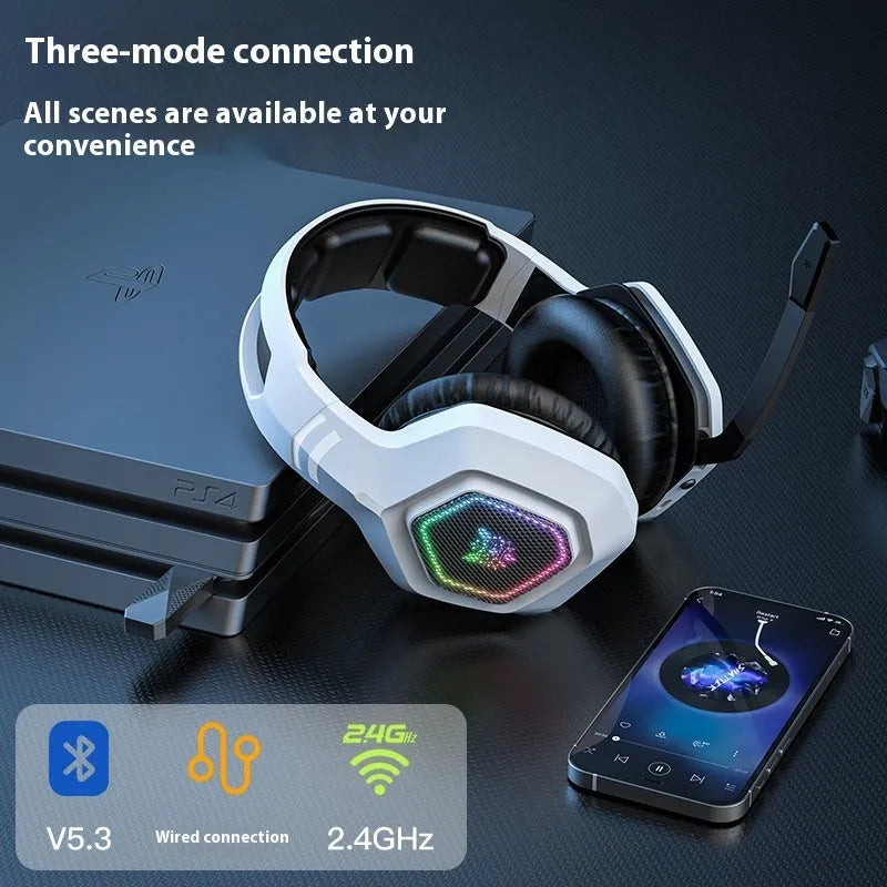 Black and white wireless gaming headset with RGB lights showing ultra-lightweight 24g design