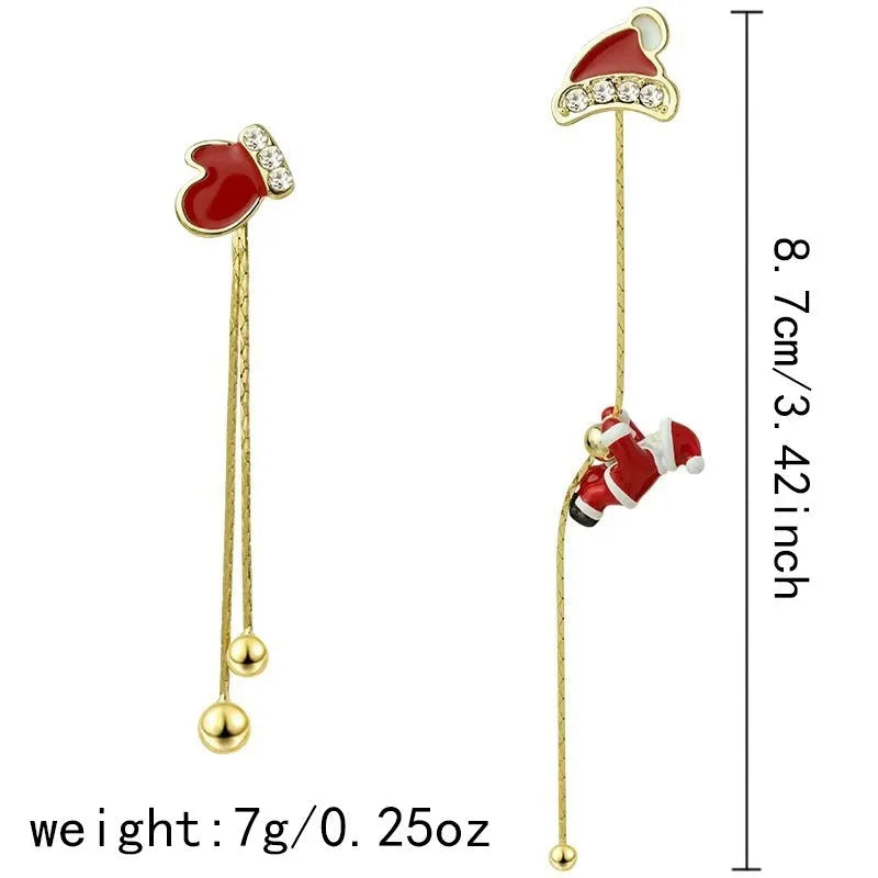 Crawling Santa tassel long asymmetric snowflake earrings in zinc alloy with inlaid diamonds for women