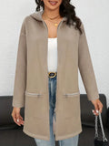 Loose fit women's mid-length cardigan coat in polyester, shown in grey, black or khaki with pockets.