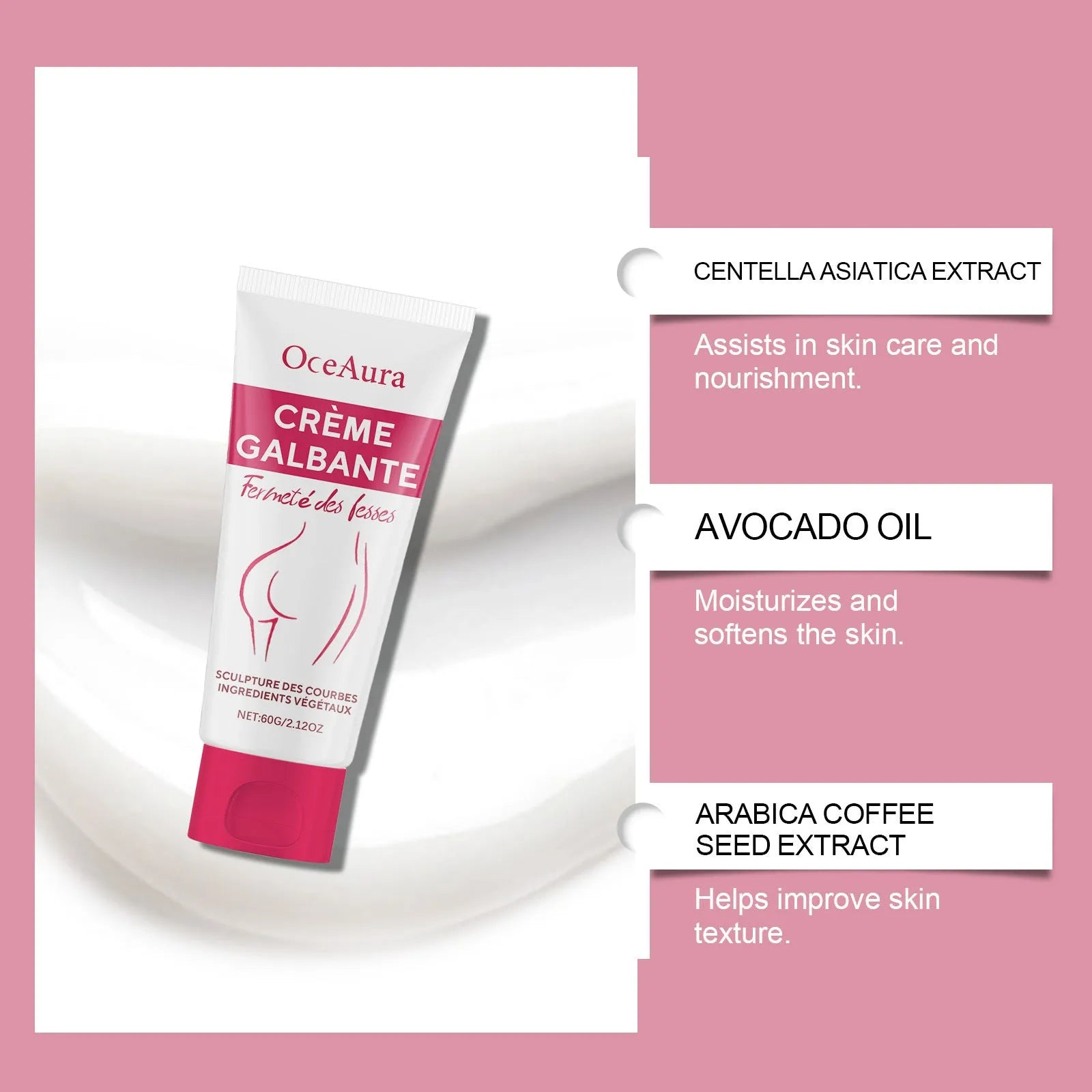 Jar of hip and neck moisturising cream with botanical extracts, 60g capacity.