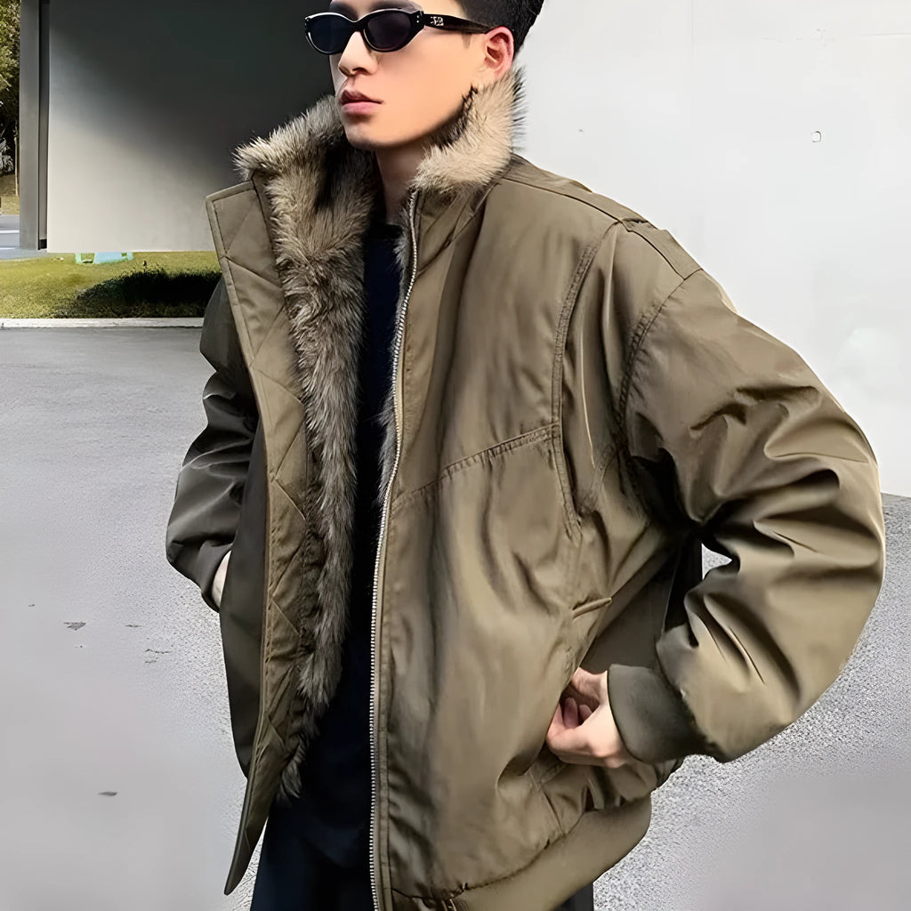 Cotton coat winter thickened flight jacket in black, side seam pockets, cardigan style