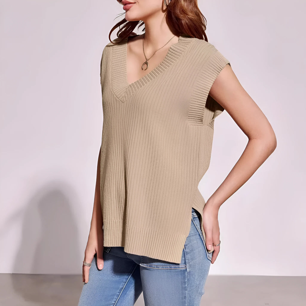 Camel coloured v-neck sleeveless pullover vest with loose fit and stripe pattern