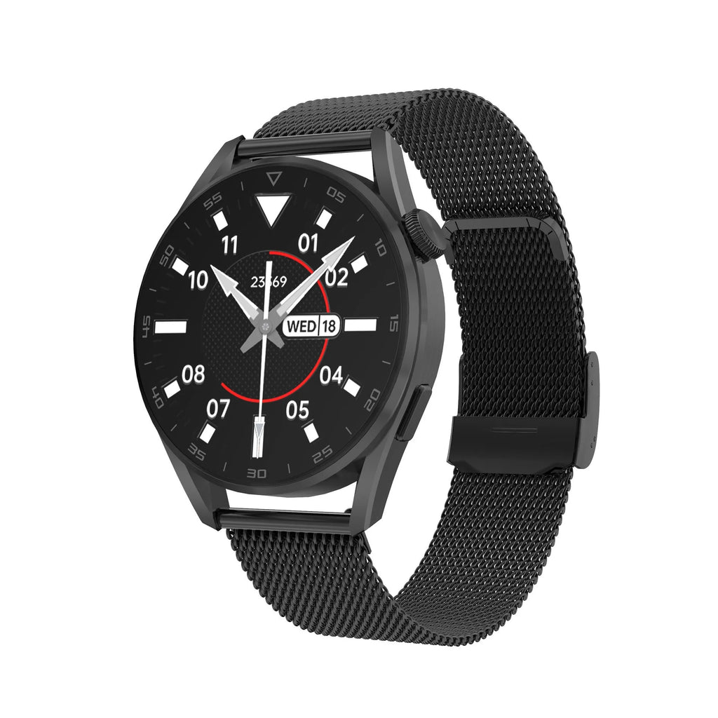 Smart watch with metal wrist strap and 1.3-inch IPS touch screen showing Bluetooth calling interface