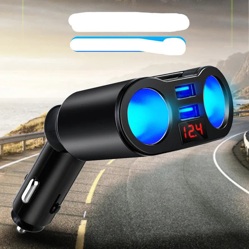 Car Bluetooth receiver and FM transmitter with USB ports plugged into vehicle cigarette lighter socket