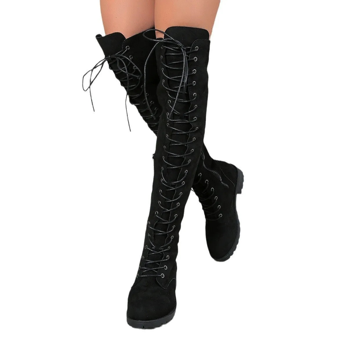 Black lace-up over the knee boots with round toe, flat heel, and decorative stitching.