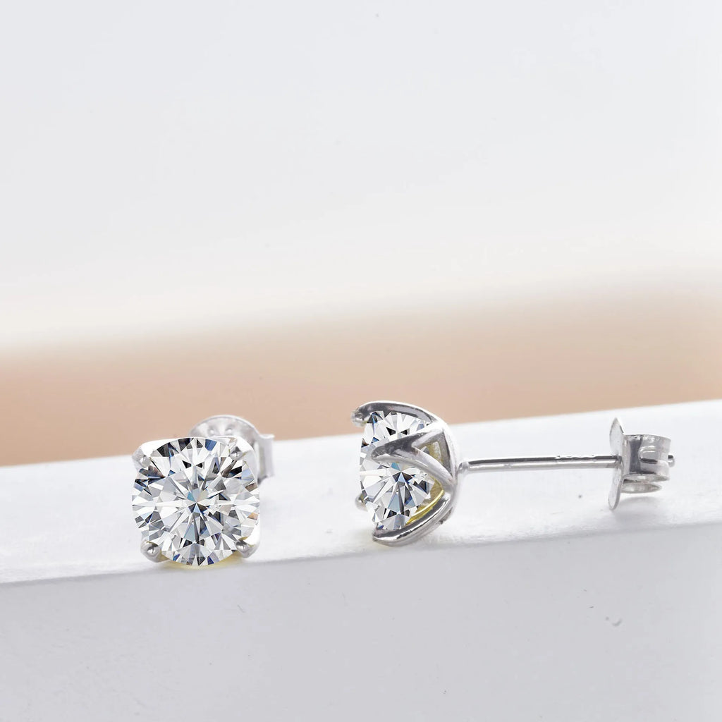 S925 sterling silver moissanite stud earrings with U-shaped round micro inlaid setting, one pair