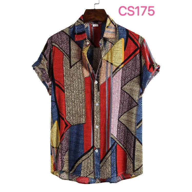 Cotton men's summer cardigan with printed pattern, short sleeves, and lapel collar in multiple colours