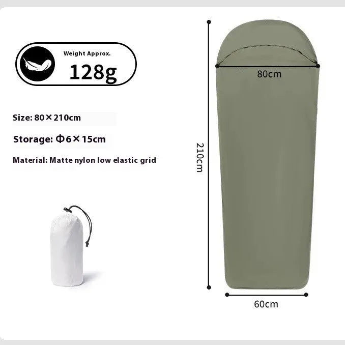 Blue lightweight nylon mummy sleeping bag for adult camping, shown with dimensions 210x80x60cm.