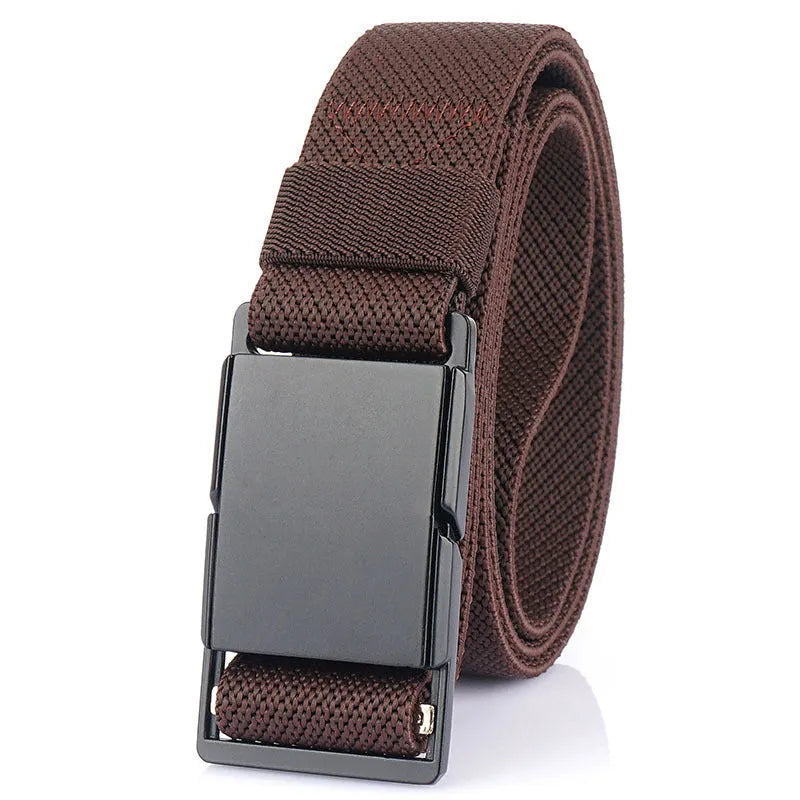 Casual polyester belt with a silver metal magnetic buckle in dark khaki colour.
