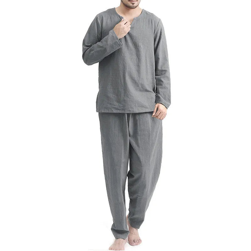 Casual cotton blend pajama set in white, two-piece, loose fit, long sleeves, thin breathable fabric