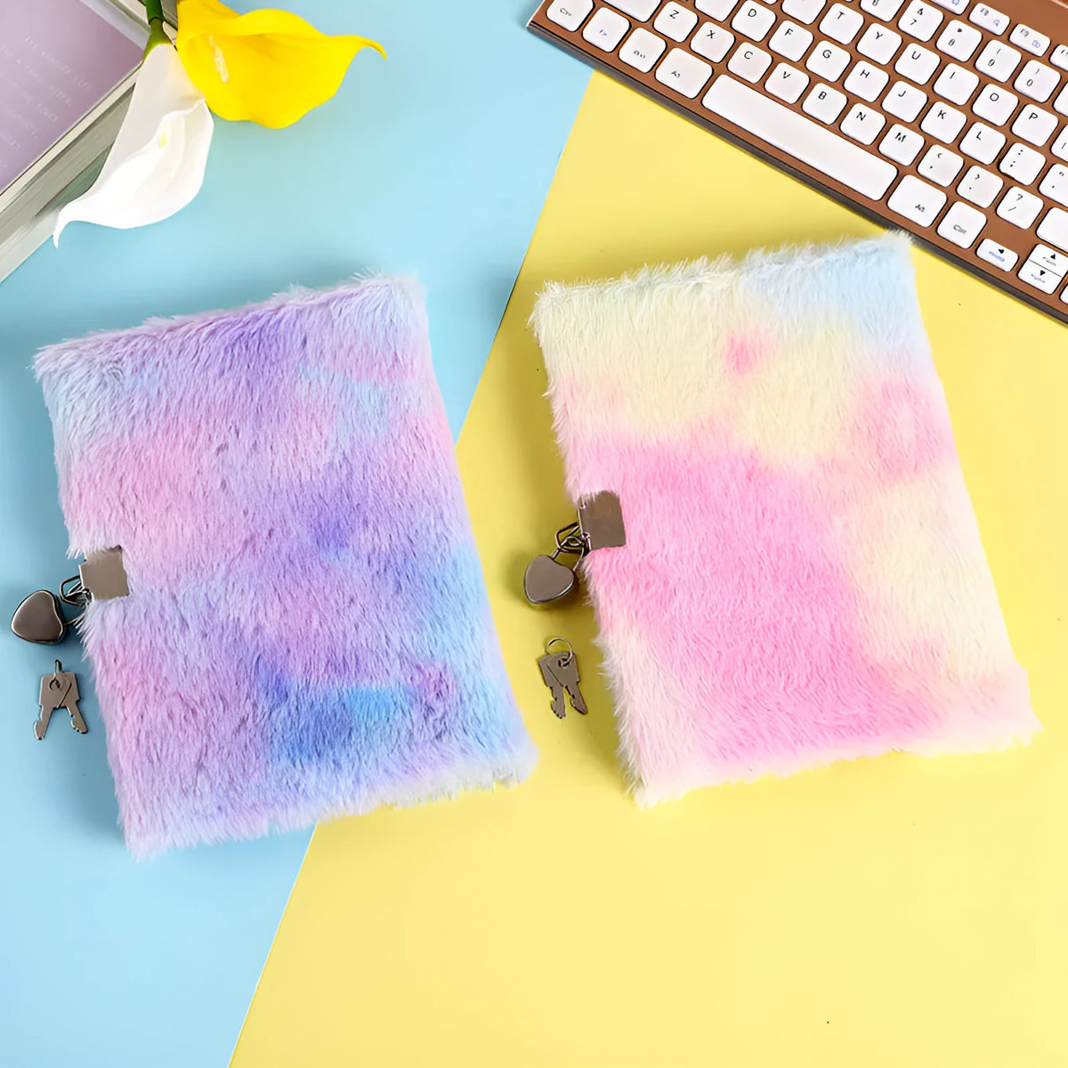 Cartoon fishtail pearl plush children's notebook with lock, rabbit hair cover, 80 sheets of 70g Dorian paper, six colours