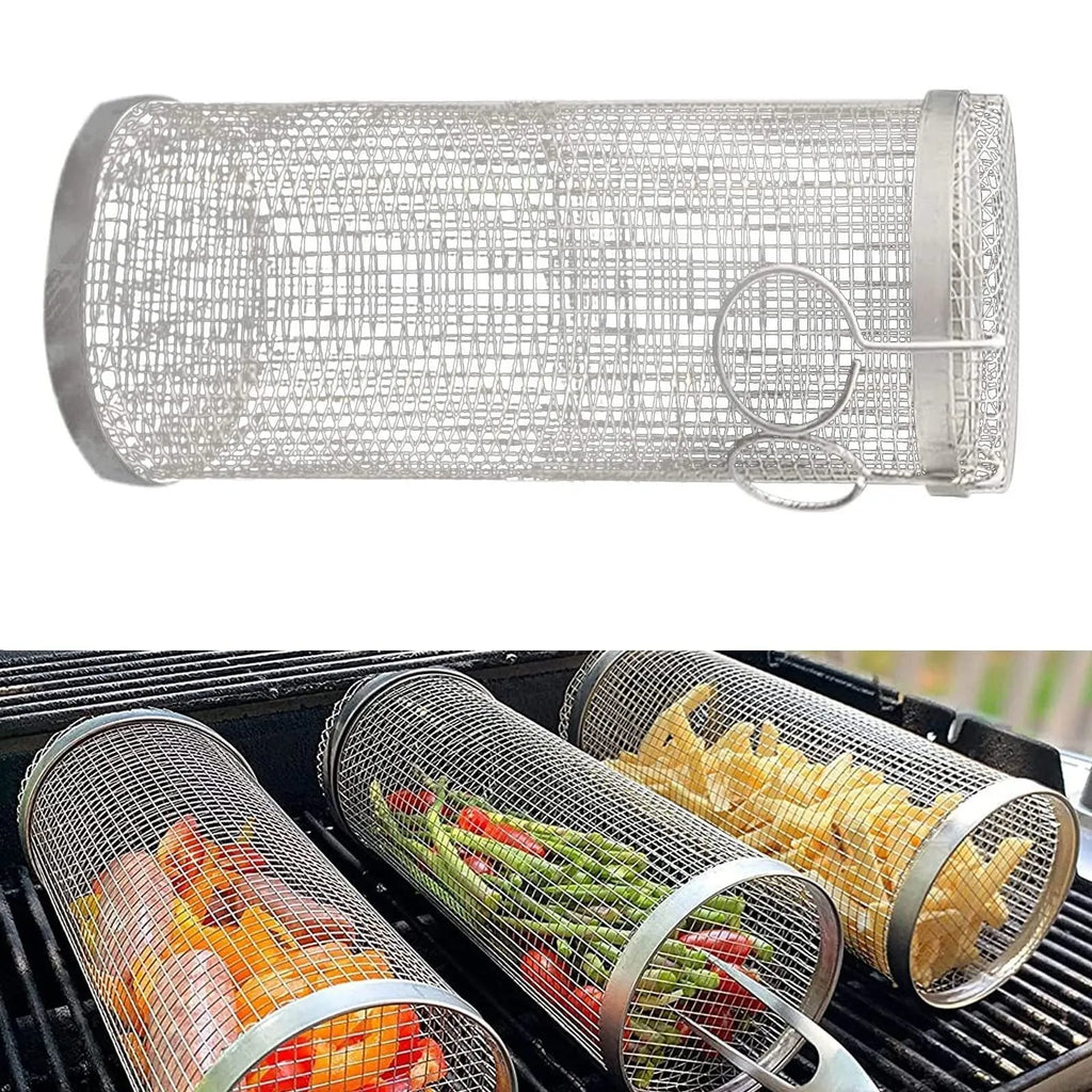 Round silver metal rolling barbecue basket with wire mesh and a hook, shown with vegetables inside on a grill.