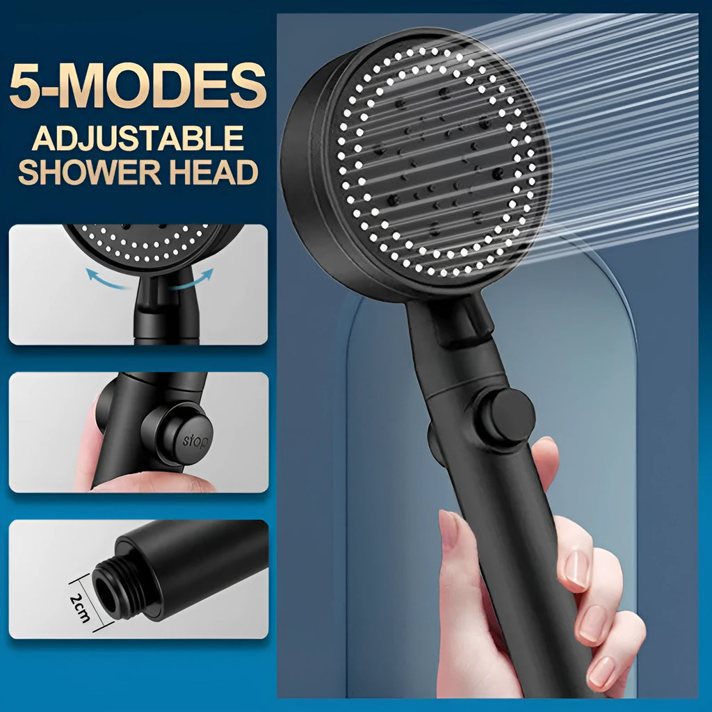 Black portable shower head with five spray mode settings and a long silver hose.