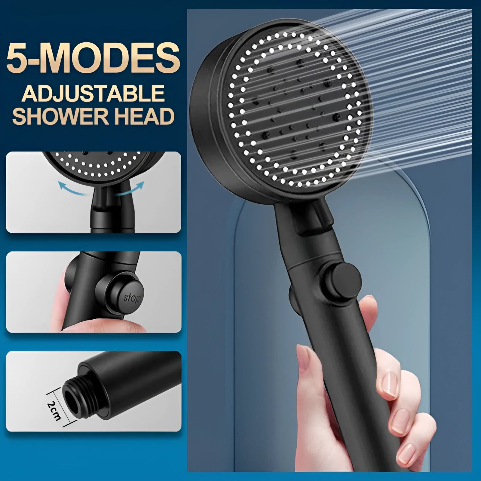 Black portable shower head with five spray mode settings and a long silver hose.