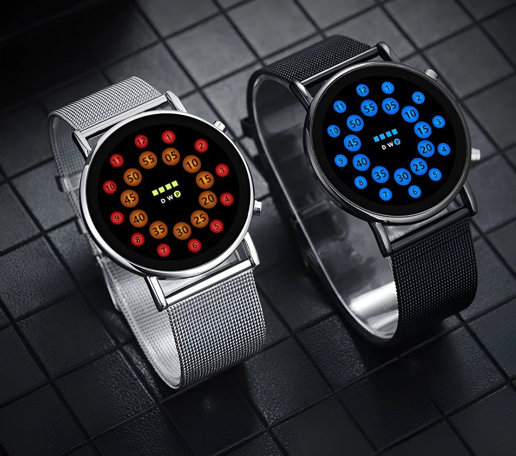LED electronic watch with alloy case and steel mesh strap showing illuminated blue display