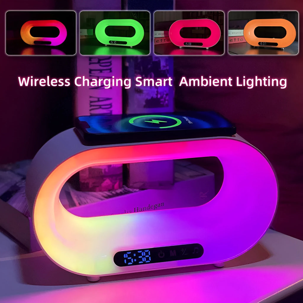 White 3-in-1 LED night light with wireless charging pad and alarm clock display