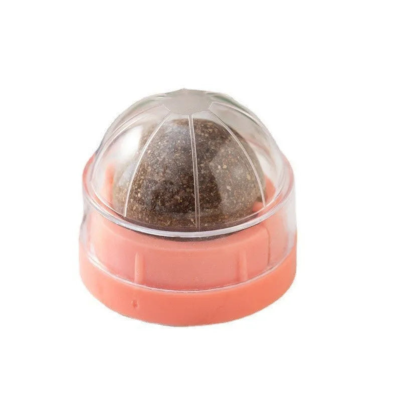Colourful plastic catnip ball chew toy for dental care on a white background.
